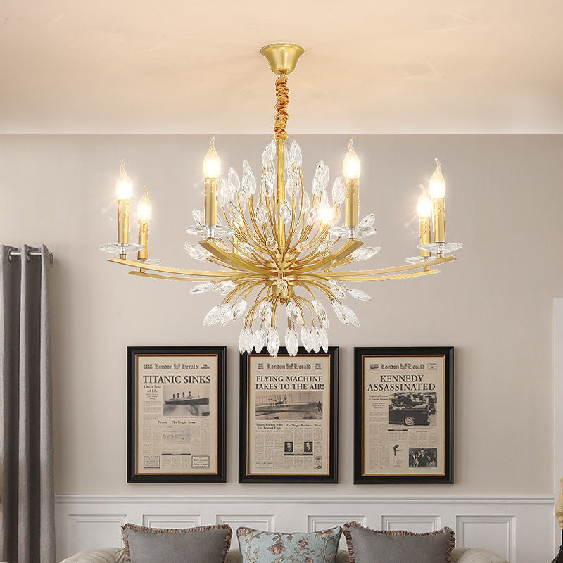 Brass Chandelier Lighting Vintage Metal 3/6/8 Heads Hanging Light Fixture with Open Bulb and Crystal Decoration Clearhalo 'Ceiling Lights' 'Chandeliers' 'Modern Chandeliers' 'Modern' Lighting' 151614