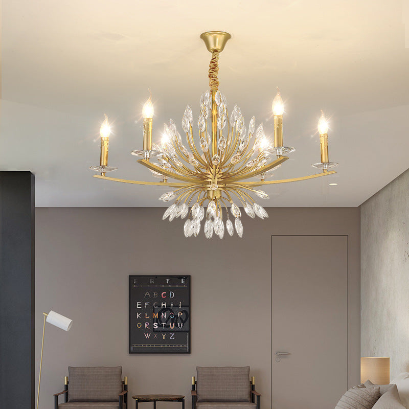 Brass Chandelier Lighting Vintage Metal 3/6/8 Heads Hanging Light Fixture with Open Bulb and Crystal Decoration 6 Brass Clearhalo 'Ceiling Lights' 'Chandeliers' 'Modern Chandeliers' 'Modern' Lighting' 151619