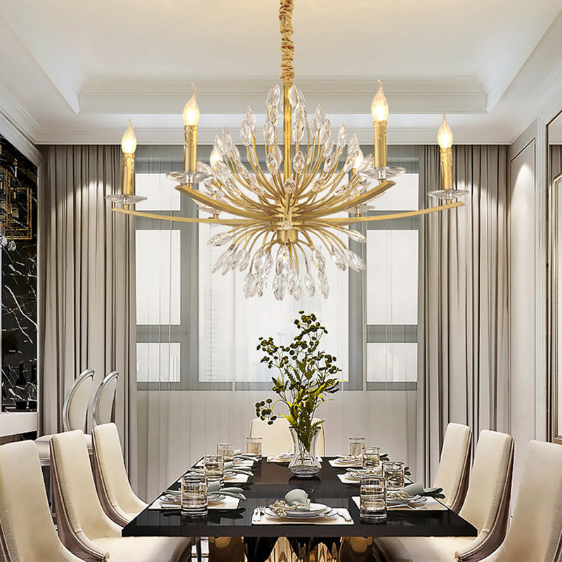 Brass Chandelier Lighting Vintage Metal 3/6/8 Heads Hanging Light Fixture with Open Bulb and Crystal Decoration Clearhalo 'Ceiling Lights' 'Chandeliers' 'Modern Chandeliers' 'Modern' Lighting' 151620