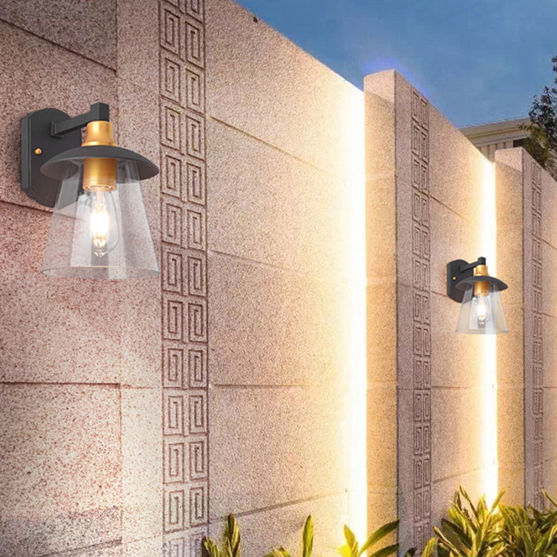 Clear Glass Black Wall Sconce Lighting Cylinder/Semicircle/Square 1-Light Industrial Light Fixture, 6"/8" Wide Clear Cylinder Clearhalo 'Art deco wall lights' 'Cast Iron' 'Glass' 'Industrial wall lights' 'Industrial' 'Middle century wall lights' 'Modern' 'Rustic wall lights' 'Tiffany' 'Traditional wall lights' 'Wall Lamps & Sconces' 'Wall Lights' Lighting' 151632