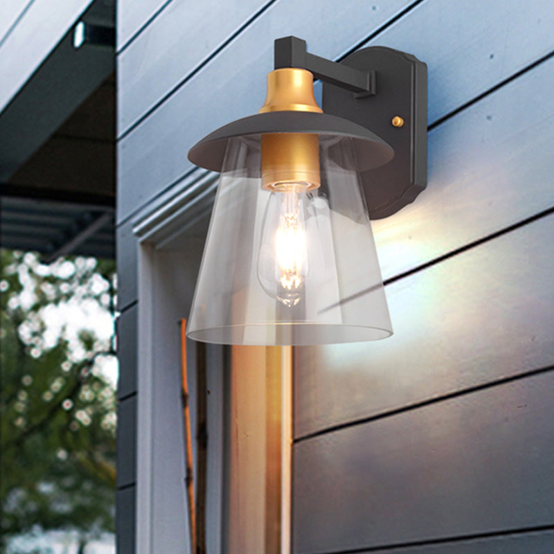 Clear Glass Black Wall Sconce Lighting Cylinder/Semicircle/Square 1-Light Industrial Light Fixture, 6"/8" Wide Clearhalo 'Art deco wall lights' 'Cast Iron' 'Glass' 'Industrial wall lights' 'Industrial' 'Middle century wall lights' 'Modern' 'Rustic wall lights' 'Tiffany' 'Traditional wall lights' 'Wall Lamps & Sconces' 'Wall Lights' Lighting' 151633