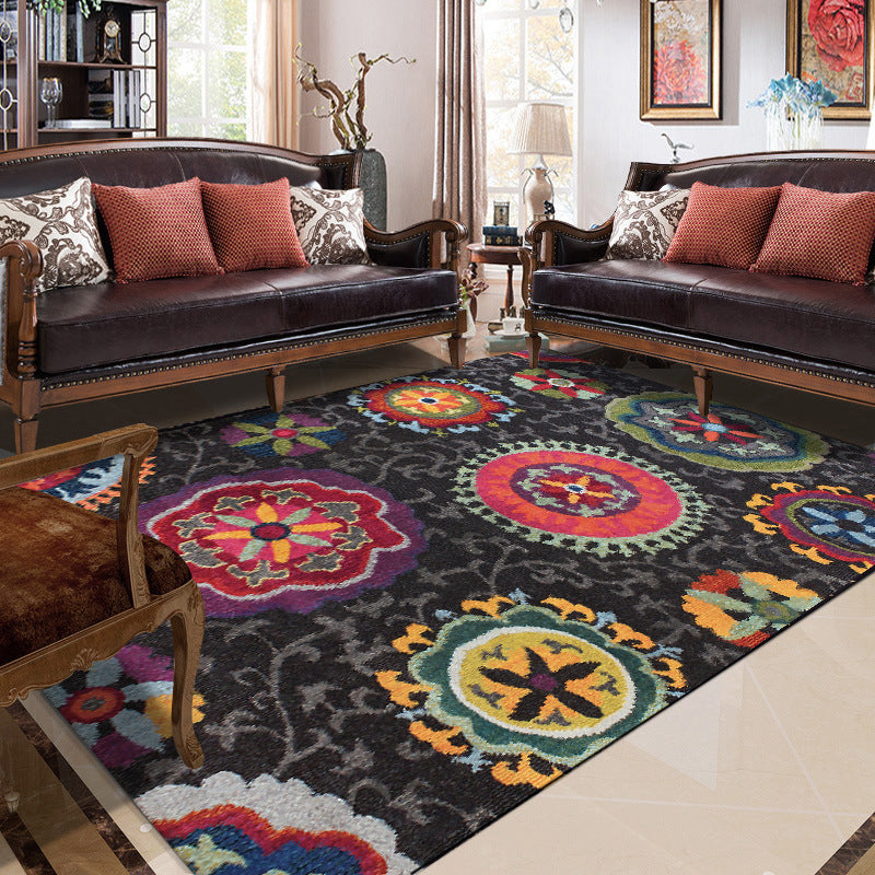 Funky Floral Vine Circle Rug in Black Bohemian Rug Polyester Non-Slip Backing Rug for Bedroom Black Clearhalo 'Area Rug' 'Bohemian' 'Rugs' Rug' 1516343