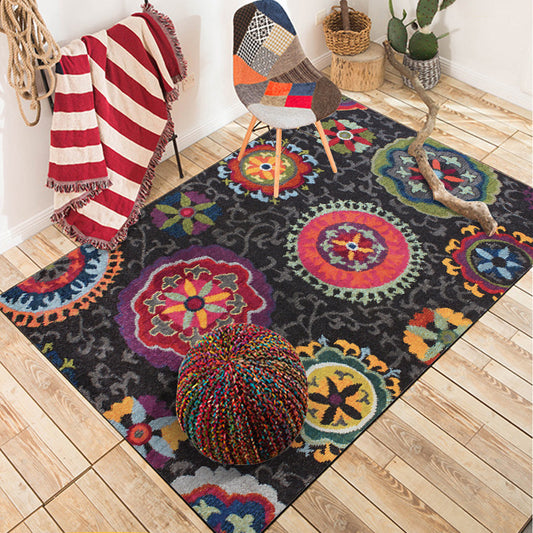 Funky Floral Vine Circle Rug in Black Bohemian Rug Polyester Non-Slip Backing Rug for Bedroom