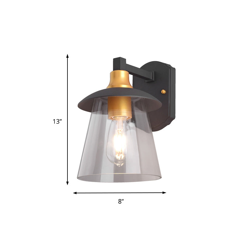 Clear Glass Black Wall Sconce Lighting Cylinder/Semicircle/Square 1-Light Industrial Light Fixture, 6"/8" Wide Clearhalo 'Art deco wall lights' 'Cast Iron' 'Glass' 'Industrial wall lights' 'Industrial' 'Middle century wall lights' 'Modern' 'Rustic wall lights' 'Tiffany' 'Traditional wall lights' 'Wall Lamps & Sconces' 'Wall Lights' Lighting' 151636