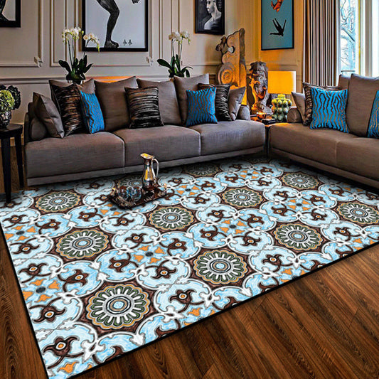 Blue and Brown Moroccan Rug Polyester Floral Pattern Rug Anti-Slip Carpet for Home Decoration Blue Clearhalo 'Area Rug' 'Moroccan' 'Rugs' Rug' 1516385