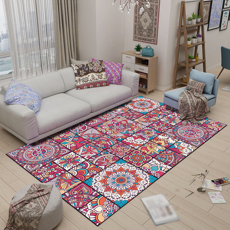 Mediterranean Moroccan Rug Multi-color Floral Square Pattern Area Rug Polyester Non-Slip Carpet for Living Room Pink Clearhalo 'Area Rug' 'Moroccan' 'Rugs' Rug' 1516411