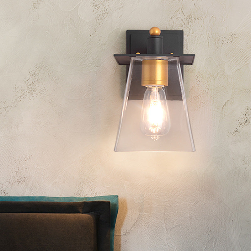 Clear Glass Black Wall Sconce Lighting Cylinder/Semicircle/Square 1-Light Industrial Light Fixture, 6"/8" Wide Clear 8" Square Plate Clearhalo 'Art deco wall lights' 'Cast Iron' 'Glass' 'Industrial wall lights' 'Industrial' 'Middle century wall lights' 'Modern' 'Rustic wall lights' 'Tiffany' 'Traditional wall lights' 'Wall Lamps & Sconces' 'Wall Lights' Lighting' 151642