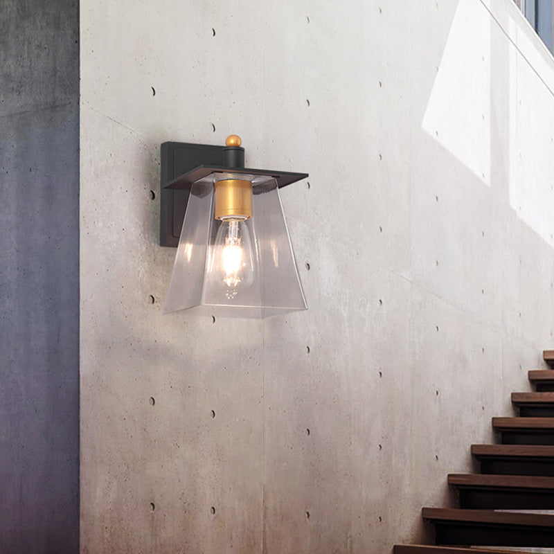 Clear Glass Black Wall Sconce Lighting Cylinder/Semicircle/Square 1-Light Industrial Light Fixture, 6"/8" Wide Clear 6" Square Plate Clearhalo 'Art deco wall lights' 'Cast Iron' 'Glass' 'Industrial wall lights' 'Industrial' 'Middle century wall lights' 'Modern' 'Rustic wall lights' 'Tiffany' 'Traditional wall lights' 'Wall Lamps & Sconces' 'Wall Lights' Lighting' 151643