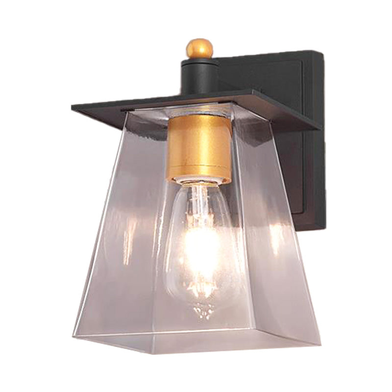 Clear Glass Black Wall Sconce Lighting Cylinder/Semicircle/Square 1-Light Industrial Light Fixture, 6"/8" Wide Clearhalo 'Art deco wall lights' 'Cast Iron' 'Glass' 'Industrial wall lights' 'Industrial' 'Middle century wall lights' 'Modern' 'Rustic wall lights' 'Tiffany' 'Traditional wall lights' 'Wall Lamps & Sconces' 'Wall Lights' Lighting' 151644