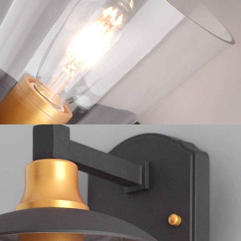 Clear Glass Black Wall Sconce Lighting Cylinder/Semicircle/Square 1-Light Industrial Light Fixture, 6"/8" Wide Clearhalo 'Art deco wall lights' 'Cast Iron' 'Glass' 'Industrial wall lights' 'Industrial' 'Middle century wall lights' 'Modern' 'Rustic wall lights' 'Tiffany' 'Traditional wall lights' 'Wall Lamps & Sconces' 'Wall Lights' Lighting' 151647