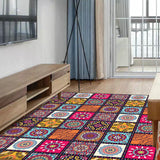 Multi-color Bedroom Rug Moroccan Floral Square Dots Pattern Rug Polyester Non-Slip Backing Area Rug