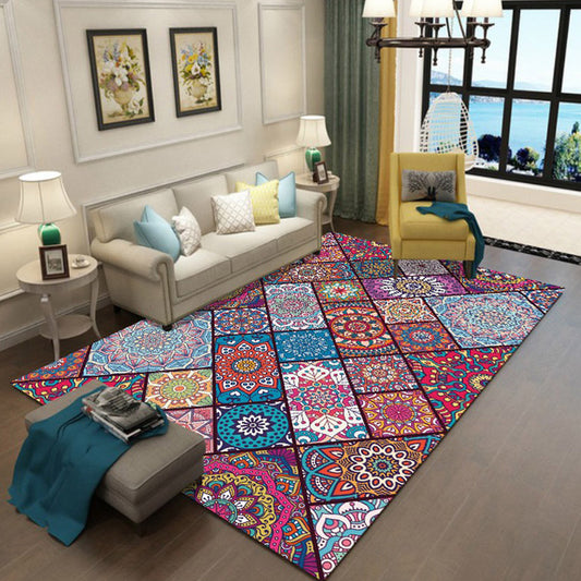 Mediterranean Moroccan Rug Multi-colored Floral Square Pattern Area Rug Polyester Machine Washable Non-Slip Carpet for Living Room Clearhalo 'Area Rug' 'Moroccan' 'Rugs' Rug' 1516615