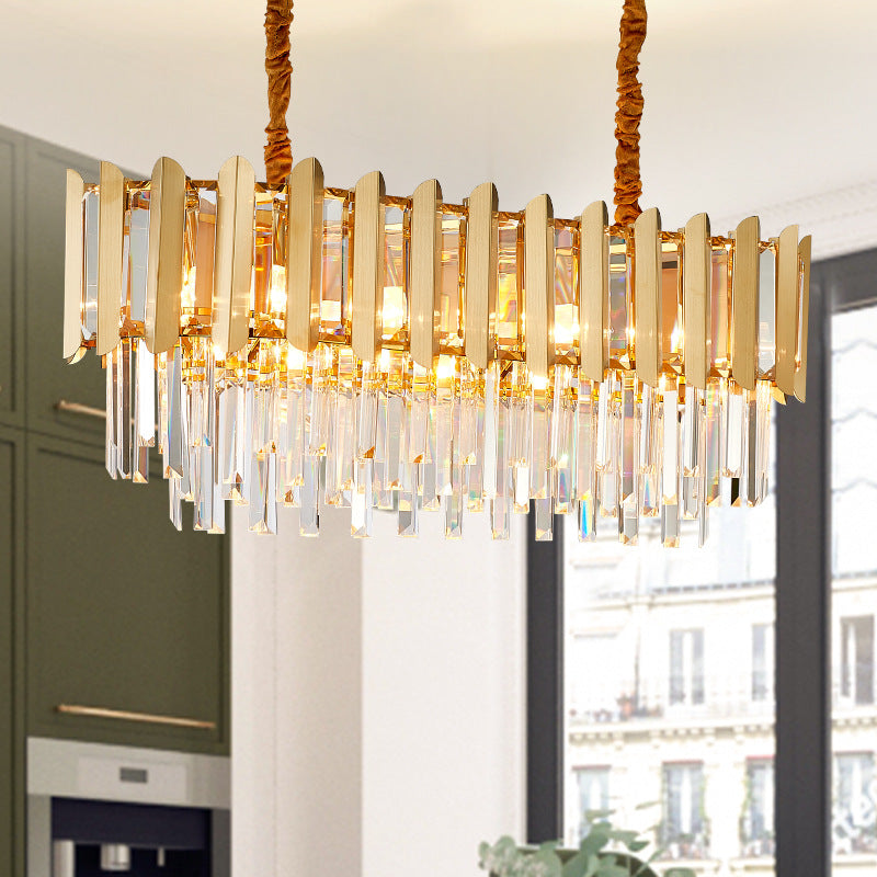 Vintage Style Linear Pendant Lamp Metal Multi Light Chandelier Hanging Light with Faceted Crystal in Brass Finish Clearhalo 'Ceiling Lights' 'Island Lights' Lighting' 151663