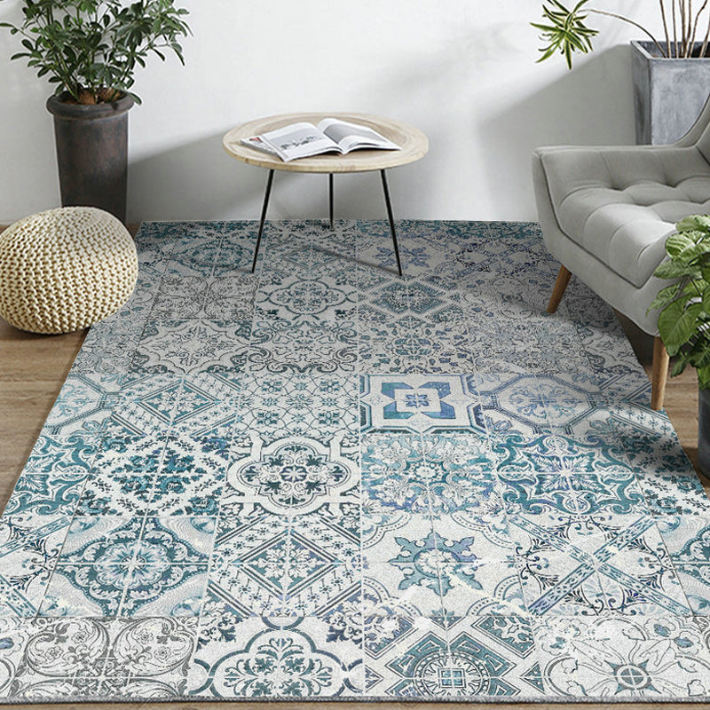Moroccan Floral Motif Pattern Rug in White and Blue Polyester Carpet Anti-Slip Area Rug for Home Decoration Light Blue Clearhalo 'Area Rug' 'Moroccan' 'Rugs' Rug' 1516873