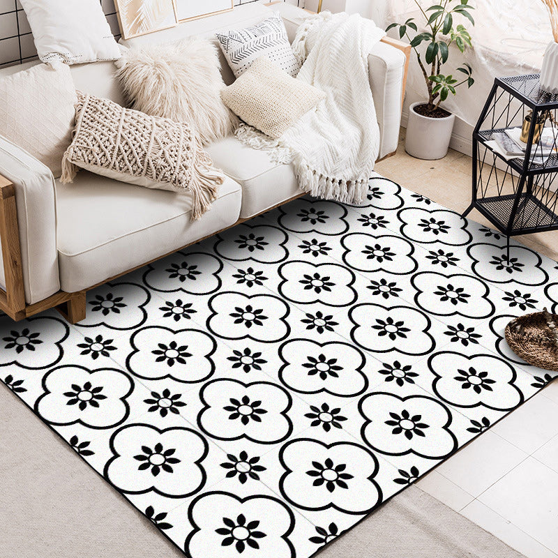 Moroccan Living Room Rug in White Flower Square Pattern Carpet Polyester Anti-Slip Area Rug Clearhalo 'Area Rug' 'Moroccan' 'Rugs' Rug' 1517005