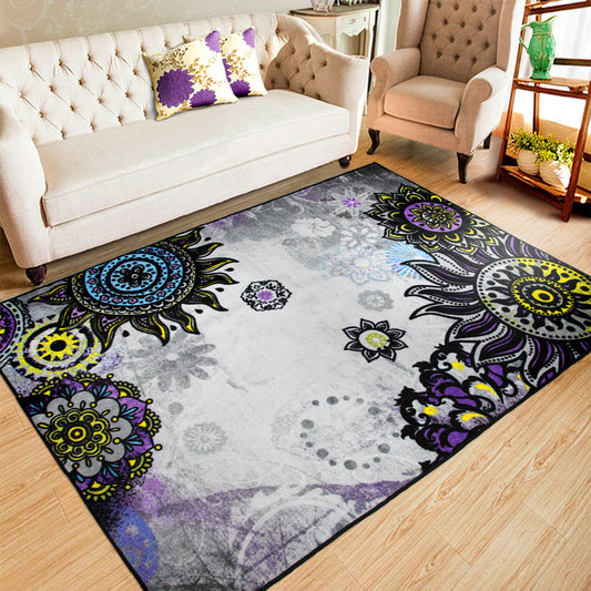 Boho-Chic Floral Circle Dots Rug in White Bohemian Rug Polyester Non-Slip Backing Rug for Bedroom Purple
