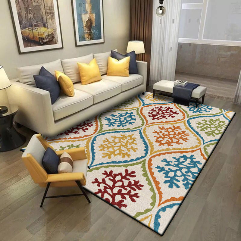 Persian Leaf Branches Pattern Rug in Ivory Moroccan Rug Polyester Non-Slip Backing Area Rug for Bedroom Yellow Clearhalo 'Area Rug' 'Moroccan' 'Rugs' Rug' 1517254