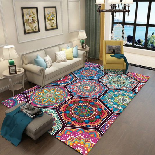 Moroccan Floral Hexagon Print Rug Multi-color Polyester Carpet Anti-Slip Machine Washable Area Rug for Home Decoration Blue Clearhalo 'Area Rug' 'Moroccan' 'Rugs' Rug' 1517335