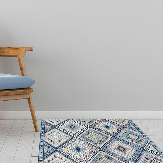 Persian Moroccan Rug in Blue and White Geometric Triangle Rhombus Print Area Rug Polyester Non-Slip Area Rug for Home Decoration
