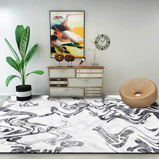 White Bedroom Rug Modern Abstract Curve Lines Pattern Area Rug Polyester Washable Carpet Black Clearhalo 'Area Rug' 'Modern' 'Rugs' Rug' 1517366