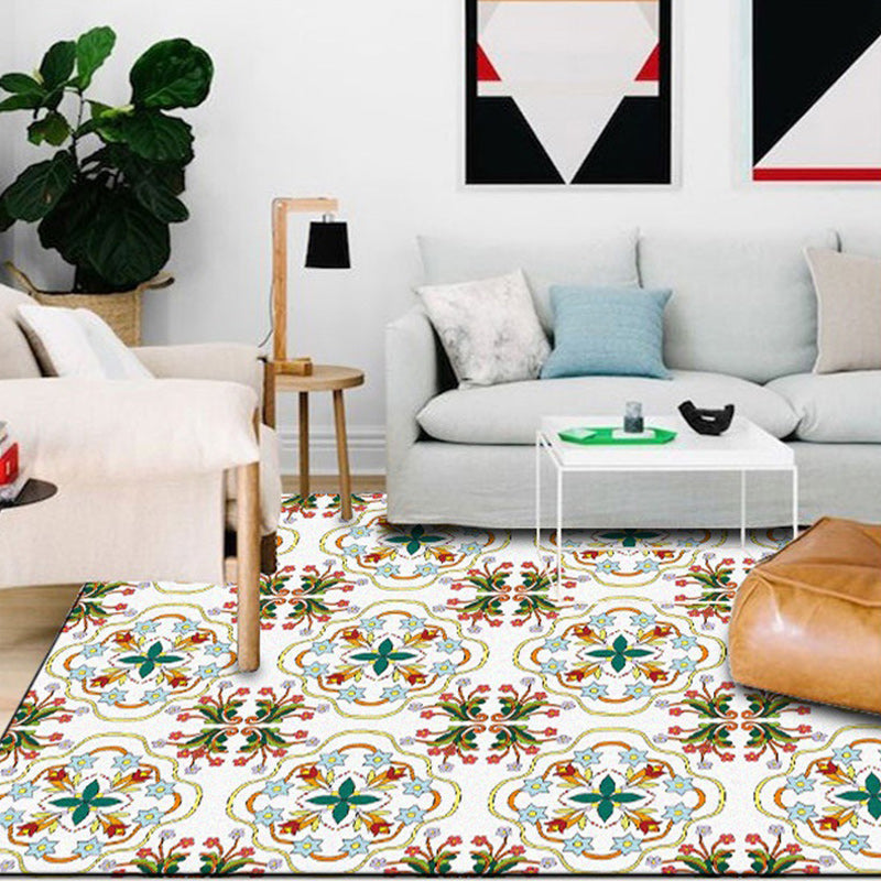 White Bedroom Rug Moroccan Geometric Flower Leaf Pattern Rug Polyester Anti-Slip Carpet Clearhalo 'Area Rug' 'Moroccan' 'Rugs' Rug' 1517417