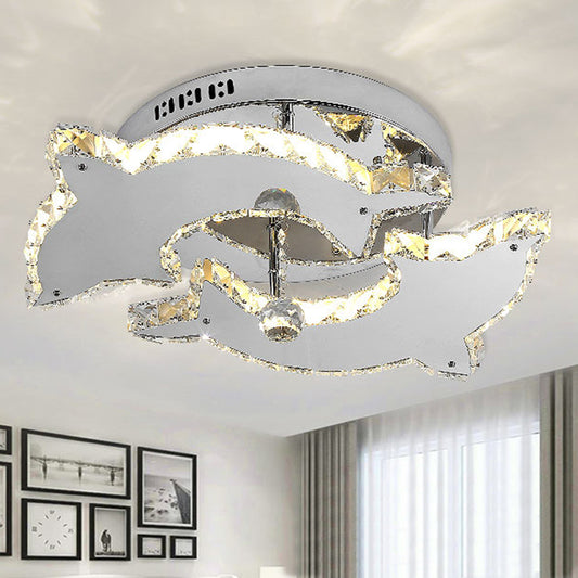 Modern Style Dolphin Semi Flush Mount Light Crystal and Metal 2/3 Heads Ceiling Light in Nickel 2 Nickel Clearhalo 'Ceiling Lights' 'Close To Ceiling Lights' 'Close to ceiling' 'Semi-flushmount' Lighting' 151760
