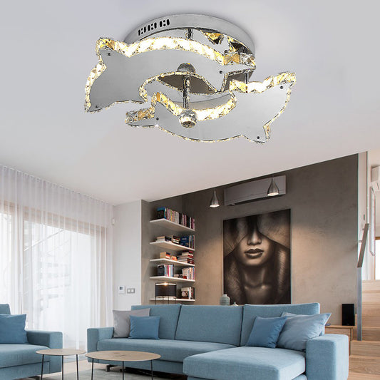 Modern Style Dolphin Semi Flush Mount Light Crystal and Metal 2/3 Heads Ceiling Light in Nickel Clearhalo 'Ceiling Lights' 'Close To Ceiling Lights' 'Close to ceiling' 'Semi-flushmount' Lighting' 151761