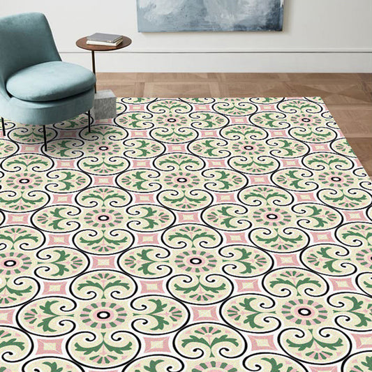 Persian Moroccan Rug in Ivory Leaf Circle Square Print Area Rug Polyester Non-Slip Area Rug for Home Decoration Green Clearhalo 'Area Rug' 'Moroccan' 'Rugs' Rug' 1517632