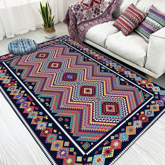 Vintage Geometric Stripe Diamond Rug in Black Bohemian Carpet Polyester Anti-Slip Carpet for Living Room Purple