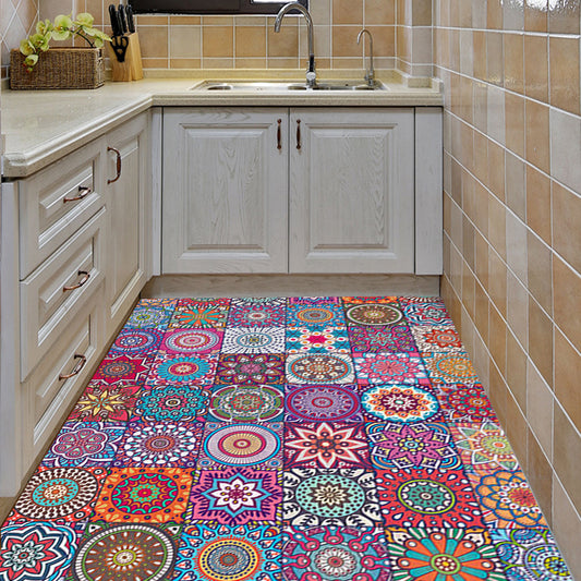 Oriental Moroccan Rug Multi-color Floral Square Circle Print Area Rug Polyester Non-Slip Carpet for Living Room