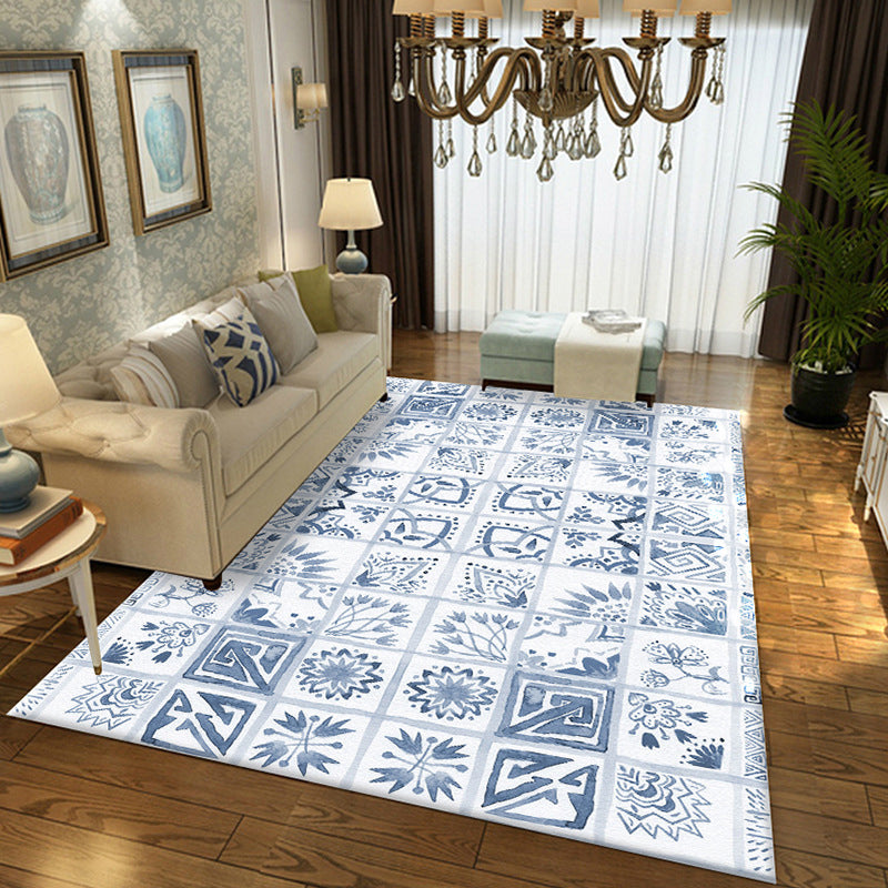 Oriental Floral Square Pattern Rug in White Moroccan Rug Polyester Non-Slip Backing Area Rug for Bedroom Blue Clearhalo 'Area Rug' 'Moroccan' 'Rugs' Rug' 1517949