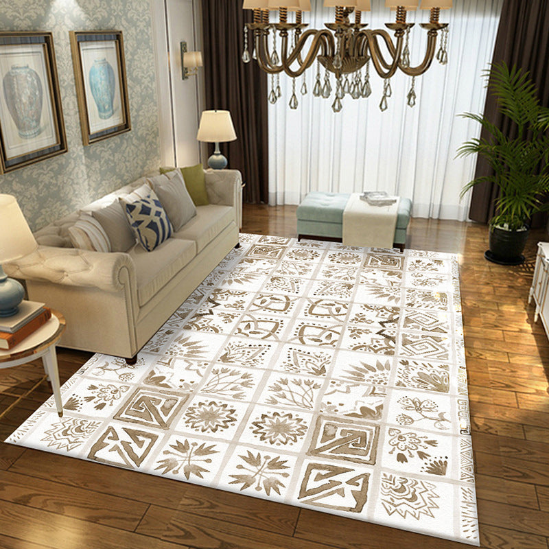 Oriental Floral Square Pattern Rug in White Moroccan Rug Polyester Non-Slip Backing Area Rug for Bedroom Brown Clearhalo 'Area Rug' 'Moroccan' 'Rugs' Rug' 1517963