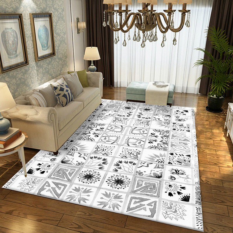 Oriental Floral Square Pattern Rug in White Moroccan Rug Polyester Non-Slip Backing Area Rug for Bedroom Grey Clearhalo 'Area Rug' 'Moroccan' 'Rugs' Rug' 1517970
