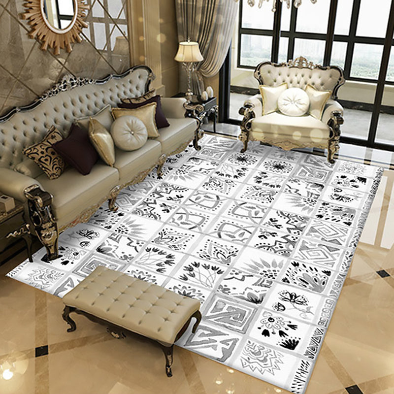 Oriental Floral Square Pattern Rug in White Moroccan Rug Polyester Non-Slip Backing Area Rug for Bedroom Clearhalo 'Area Rug' 'Moroccan' 'Rugs' Rug' 1517971