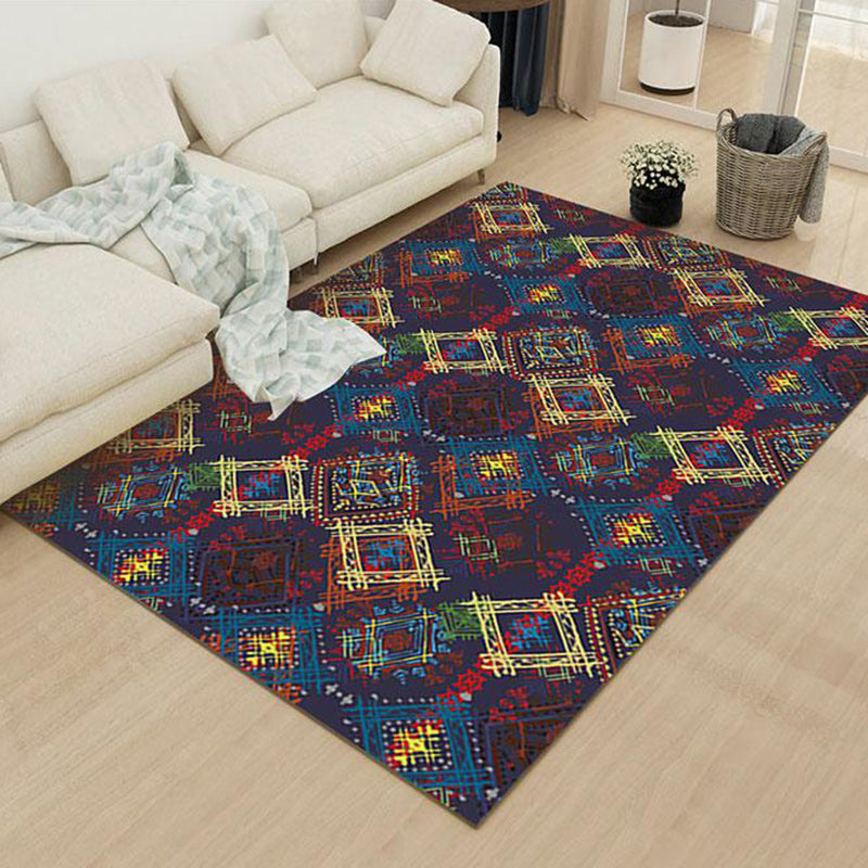 Moroccan Square Line Pattern Rug in Blue Polyester Carpet Machine Washable Non-Slip Backing Area Rug for Living Room Dark Blue Clearhalo 'Area Rug' 'Moroccan' 'Rugs' Rug' 1518021