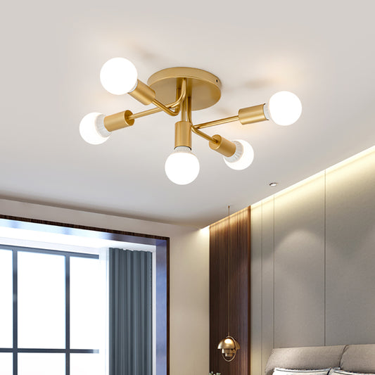Modern Curved Arms Semi Flush Ceiling Mount Fixture Metal 5 Lights Dining Room Ceiling Mounted Light in Black/Gold Gold Clearhalo 'Ceiling Lights' 'Close To Ceiling Lights' 'Close to ceiling' 'Semi-flushmount' Lighting' 151845