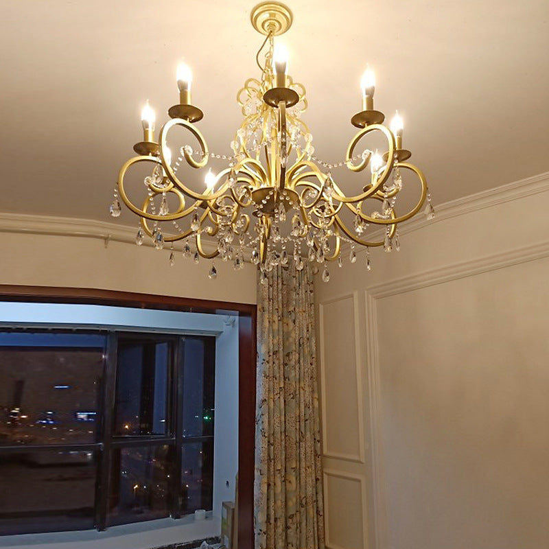 French Country Candle Hanging Chandelier Light Metal 3/6/8 Lights Pendant Lamp with Crystal Bead in Gold 8 Gold Clearhalo 'Ceiling Lights' 'Chandeliers' 'Modern Chandeliers' 'Modern' Lighting' 151879