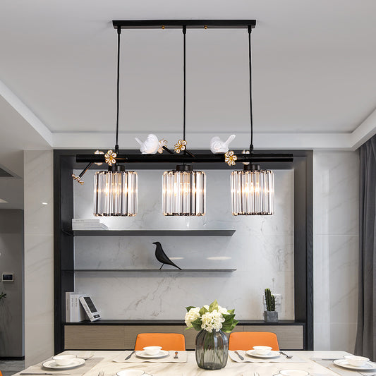Clear Crystal Cylinder Island Lighting Lodge Style 3 Light Island Pendant Light with Bird and Flower Accent in Black Black Clearhalo 'Ceiling Lights' 'Island Lights' Lighting' 152186