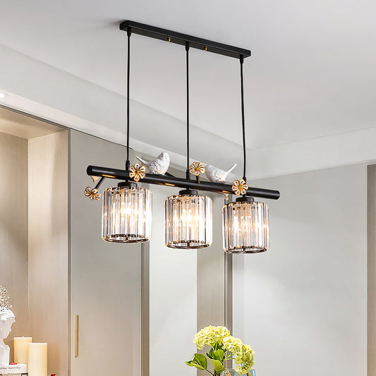 Clear Crystal Cylinder Island Lighting Lodge Style 3 Light Island Pendant Light with Bird and Flower Accent in Black Clearhalo 'Ceiling Lights' 'Island Lights' Lighting' 152187