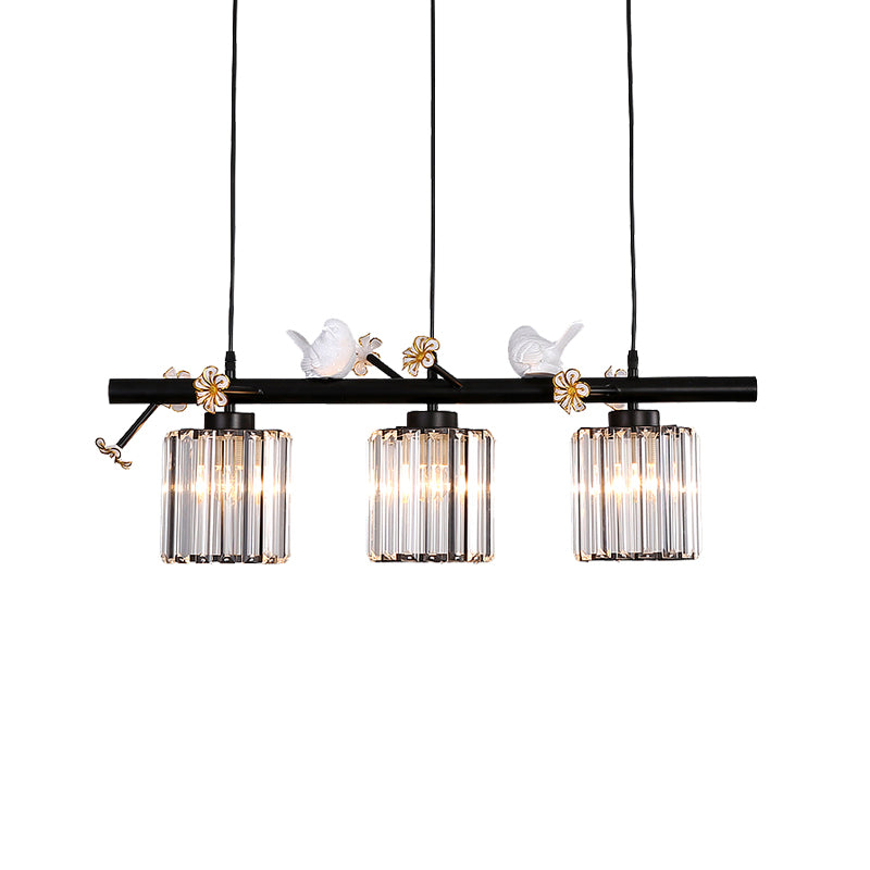 Clear Crystal Cylinder Island Lighting Lodge Style 3 Light Island Pendant Light with Bird and Flower Accent in Black Clearhalo 'Ceiling Lights' 'Island Lights' Lighting' 152188