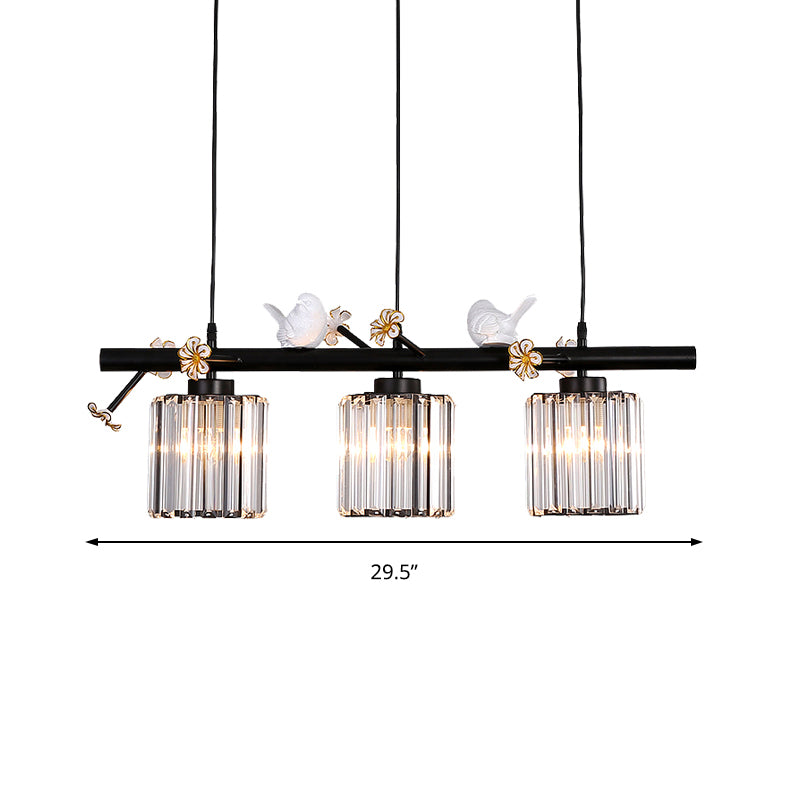 Clear Crystal Cylinder Island Lighting Lodge Style 3 Light Island Pendant Light with Bird and Flower Accent in Black Clearhalo 'Ceiling Lights' 'Island Lights' Lighting' 152189