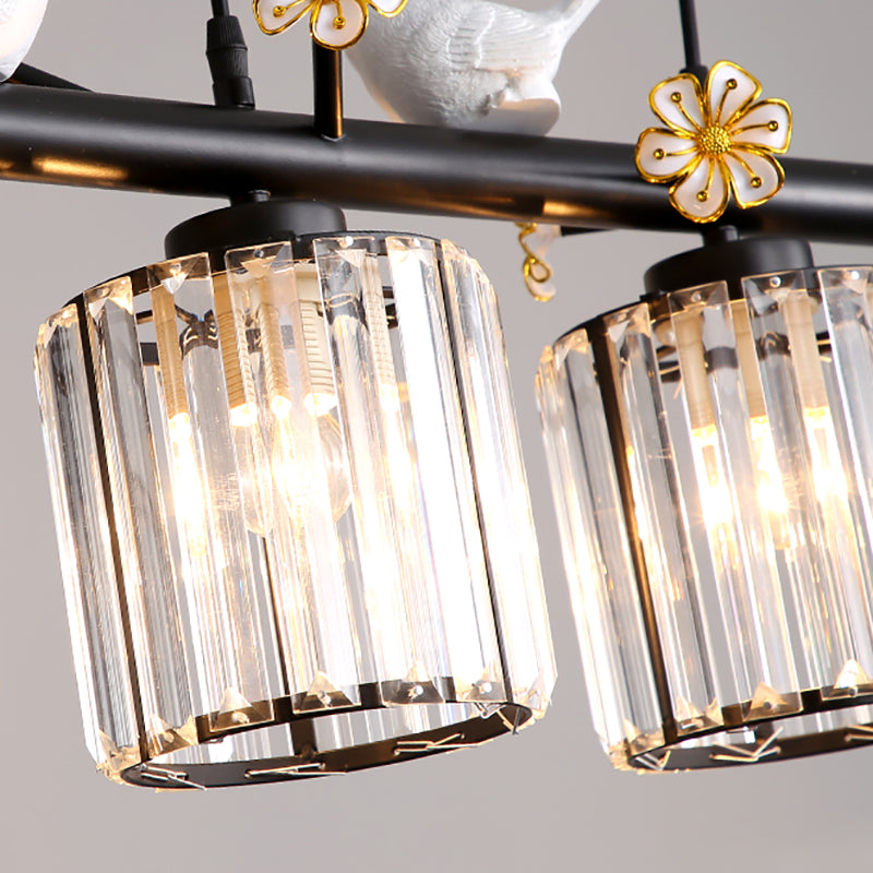 Clear Crystal Cylinder Island Lighting Lodge Style 3 Light Island Pendant Light with Bird and Flower Accent in Black Clearhalo 'Ceiling Lights' 'Island Lights' Lighting' 152190