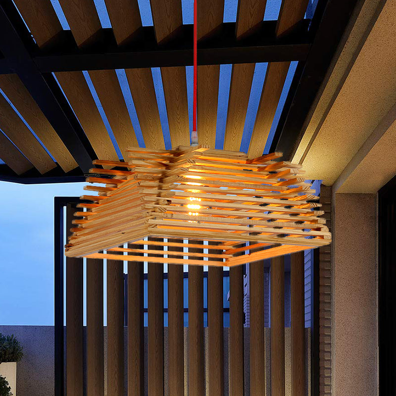 Wooden Square Pendant Light Asian 1-Light Beige Hanging Lamp with Adjustable Cord for Living Room Clearhalo 'Ceiling Lights' 'Modern Pendants' 'Modern' 'Pendant Lights' 'Pendants' Lighting' 1522821