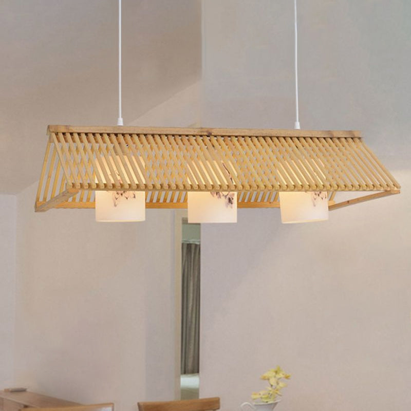 Modernist Linear Island Lighting Wood 3-Light Dining Room Island Lamp with White Glass Cylinder Shade in Beige/Brown Clearhalo 'Ceiling Lights' 'Island Lights' Lighting' 1522834