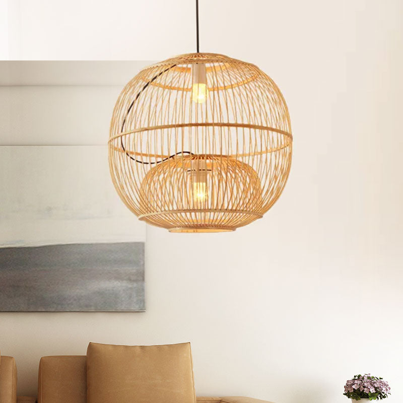Bamboo Global Shade Pendant Lighting Contemporary Style 2 Lights Beige Hanging Lamp for Restaurant, 14"/16" W Clearhalo 'Ceiling Lights' 'Pendant Lights' 'Pendants' Lighting' 1522977