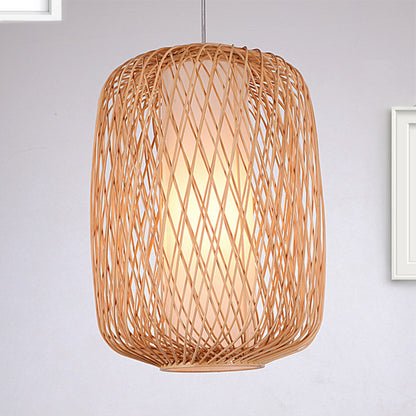 Asian Stylish Hand-Knitted Hanging Lighting with Cylinder Shade Bamboo 1 Light Living Room Pendant Lamp in Beige Beige Clearhalo 'Ceiling Lights' 'Pendant Lights' 'Pendants' Lighting' 1522992_2e475a97-cf0f-4004-96fc-9f4210d9bf66