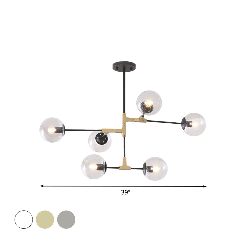 Simple Style Line Chandelier 6/8/10-Head Metal Hanging Light with Amber/Clear/Smoke Glass Ball Shade for Study Room Clearhalo 'Ceiling Lights' 'Chandeliers' 'Clear' 'Glass shade' 'Glass' 'Industrial' 'Modern Chandeliers' 'Modern' 'Tiffany' 'Traditional Chandeliers' Lighting' 1523049