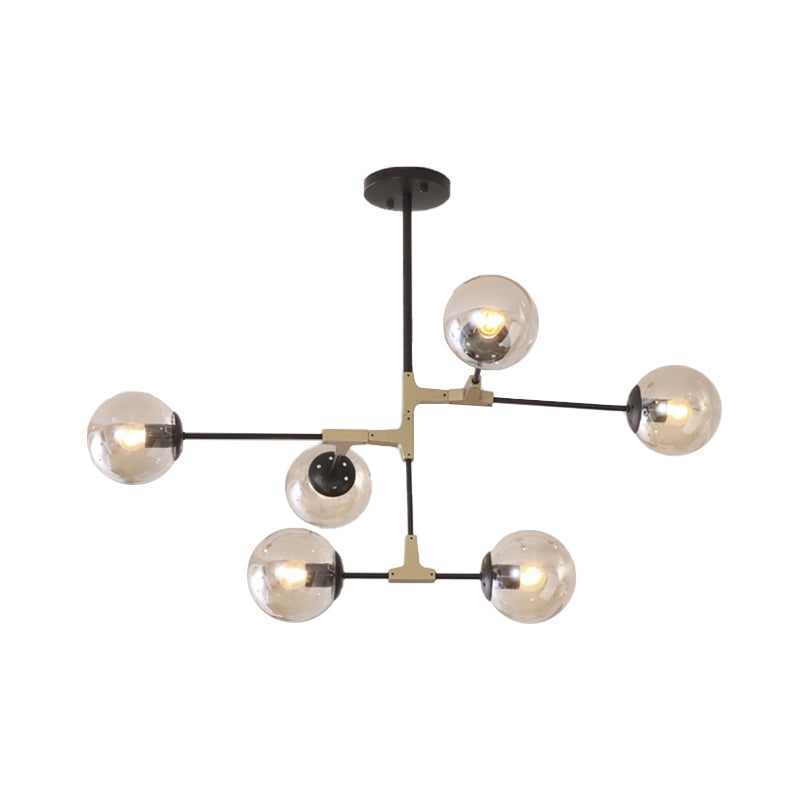 Simple Style Line Chandelier 6/8/10-Head Metal Hanging Light with Amber/Clear/Smoke Glass Ball Shade for Study Room Clearhalo 'Ceiling Lights' 'Chandeliers' 'Clear' 'Glass shade' 'Glass' 'Industrial' 'Modern Chandeliers' 'Modern' 'Tiffany' 'Traditional Chandeliers' Lighting' 1523052
