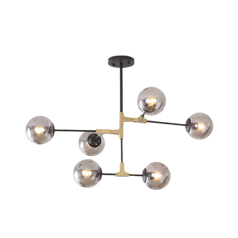 Simple Style Line Chandelier 6/8/10-Head Metal Hanging Light with Amber/Clear/Smoke Glass Ball Shade for Study Room Clearhalo 'Ceiling Lights' 'Chandeliers' 'Clear' 'Glass shade' 'Glass' 'Industrial' 'Modern Chandeliers' 'Modern' 'Tiffany' 'Traditional Chandeliers' Lighting' 1523055