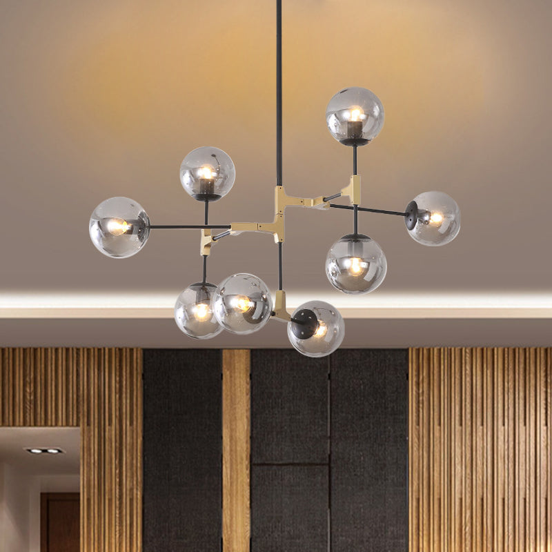 Simple Style Line Chandelier 6/8/10-Head Metal Hanging Light with Amber/Clear/Smoke Glass Ball Shade for Study Room 8 Smoke Gray Clearhalo 'Ceiling Lights' 'Chandeliers' 'Clear' 'Glass shade' 'Glass' 'Industrial' 'Modern Chandeliers' 'Modern' 'Tiffany' 'Traditional Chandeliers' Lighting' 1523063
